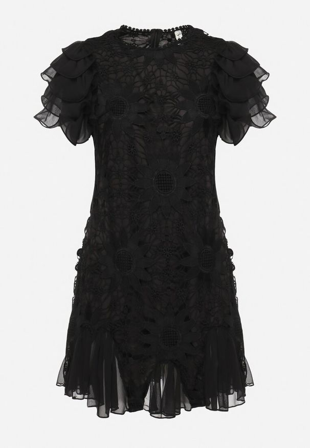 Born2be - Czarna Sukienka Mini z Koronkowymi Wstawkami i Falbankami Soffiana. Okazja: na co dzień, na imprezę. Typ kołnierza: kołnierz z falbankami. Kolor: czarny. Materiał: koronka. Długość rękawa: krótki rękaw. Wzór: koronka. Styl: casual, elegancki. Długość: mini