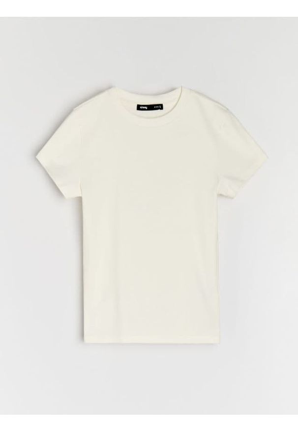 Sinsay - Bawełniana koszulka z krótkim rękawem - kremowy. Kolor: kremowy. Materiał: bawełna. Długość rękawa: krótki rękaw. Długość: krótkie