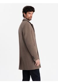 Ombre Clothing - Elegancki jednorzędowy męski płaszcz z wełną – brązowy V1 - Rozmiar: M. Kolor: brązowy. Materiał: wełna. Wzór: ze splotem, paski. Sezon: zima. Styl: elegancki #4