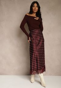 Renee - Bordowa Spódnica z Wiskozy High Waist Ozdobiona Kropkami i Koronką Monivia. Stan: podwyższony. Kolor: czerwony. Materiał: wiskoza, koronka. Wzór: aplikacja, kropki, koronka #5