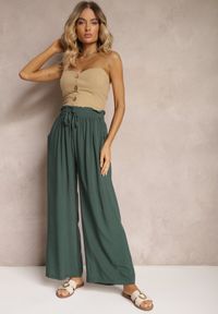 Renee - Zielone Spodnie z Bawełny High Waist z Szerokimi Nogawkami i Gumką w Pasie Clisea. Stan: podwyższony. Kolor: zielony. Materiał: bawełna. Sezon: lato #5