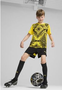 Puma - Młodzieżowa koszulka przedmeczowa z krótkim rękawem Borussia Dortmund PUMA. Kolor: czarny, wielokolorowy, żółty. Długość rękawa: krótki rękaw. Długość: krótkie