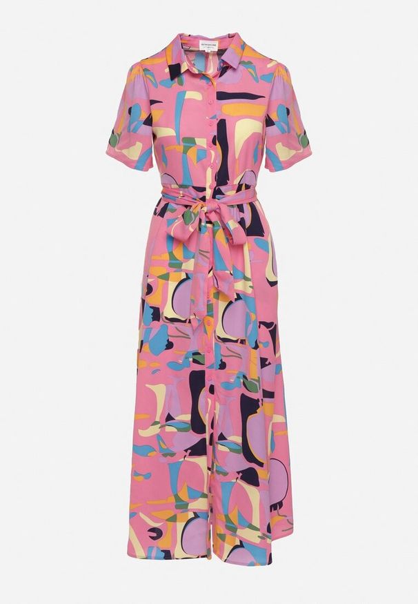 Born2be - Różowa Sukienka Koszulowa w Abstrakcyjny Wzór z Wiązaniem w Talii Zobia. Okazja: na co dzień. Kolor: różowy. Długość rękawa: krótki rękaw. Typ sukienki: koszulowe. Styl: casual