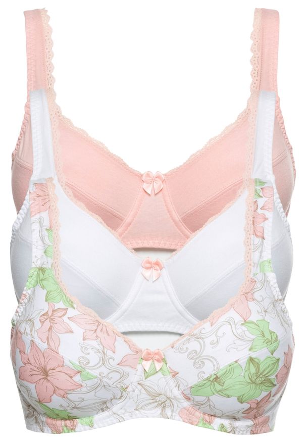 bonprix - Biustonosz bawełniany na fiszbinach (3 szt.). Kolor: biały. Materiał: bawełna. Wzór: nadruk, aplikacja, kwiaty, koronka