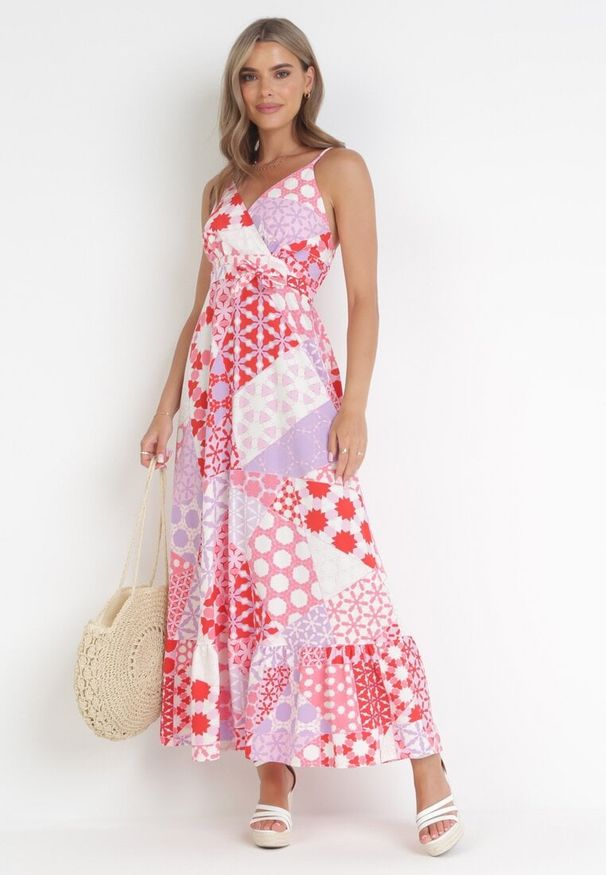 Born2be - Różowa Sukienka Maxi na Ramiączkach w Fantazyjny Nadruk Erlavi. Kolor: różowy. Długość rękawa: na ramiączkach. Wzór: nadruk. Długość: maxi
