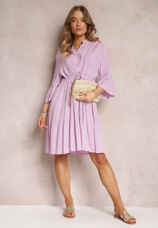 Renee - Fioletowa Rozkloszowana Sukienka Ściągana w Pasie z Wiskozy Mabree. Kolor: fioletowy. Materiał: wiskoza