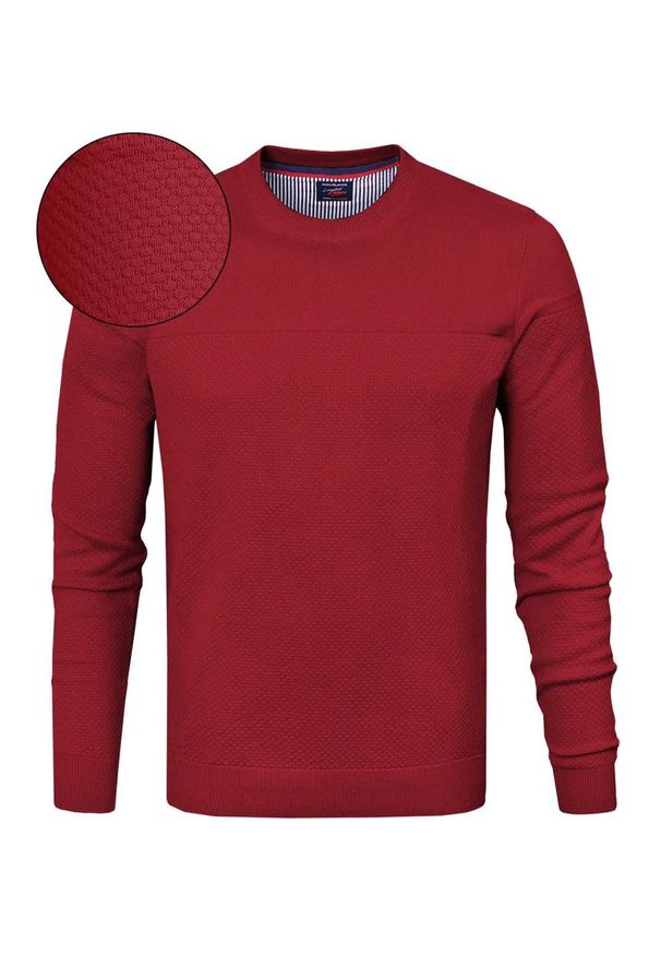 Bawełniany Męski Sweter z Okrągłym Dekoltem (U-Neck) - Pako Jeans - Czerwony. Okazja: na spotkanie biznesowe, do pracy, na co dzień. Kolor: czerwony. Materiał: bawełna. Styl: elegancki, biznesowy, klasyczny, casual