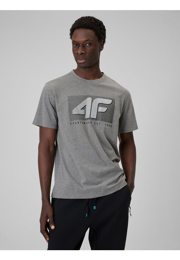 4f - 4F T-shirt regular z nadrukiem męski - szary S. Okazja: na co dzień. Kolor: szary. Materiał: dzianina, materiał, dresówka, skóra, jeans. Wzór: nadruk. Styl: casual, klasyczny
