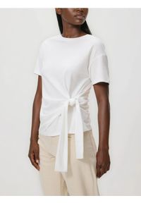 Reserved - T-shirt z ozdobnym wiązaniem - złamana biel. Materiał: dzianina #1