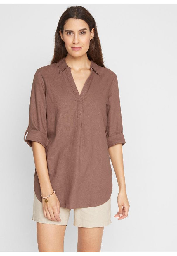 bonprix - Bluzka lniana, rękawy 3/4. Kolor: brązowy. Materiał: len