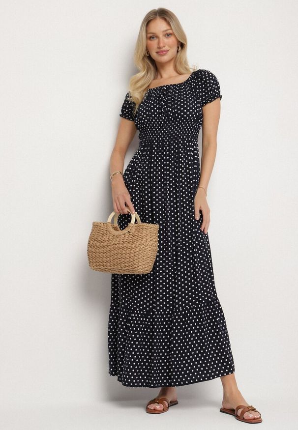 Born2be - Granatowa Sukienka z Bawełną w Kropki Ellisla. Okazja: na co dzień. Kolor: niebieski. Materiał: bawełna. Wzór: kropki. Styl: elegancki, casual
