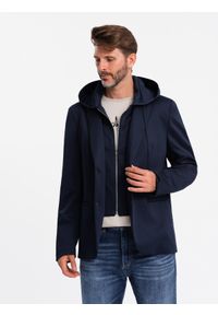 Ombre Clothing - Marynarka męska z odpinaną podpinką i kapturem – granatowa V2 - Rozmiar: XL. Okazja: do pracy, na co dzień. Typ kołnierza: kaptur. Kolor: niebieski. Materiał: poliester. Styl: wizytowy, casual, elegancki #4