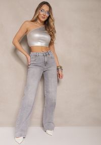 Renee - Jasnoszare Szerokie Jeansy z Bawełny High Waist Ozdobione Cyrkoniami Firlevia. Okazja: na co dzień. Stan: podwyższony. Kolor: szary. Wzór: aplikacja. Styl: casual