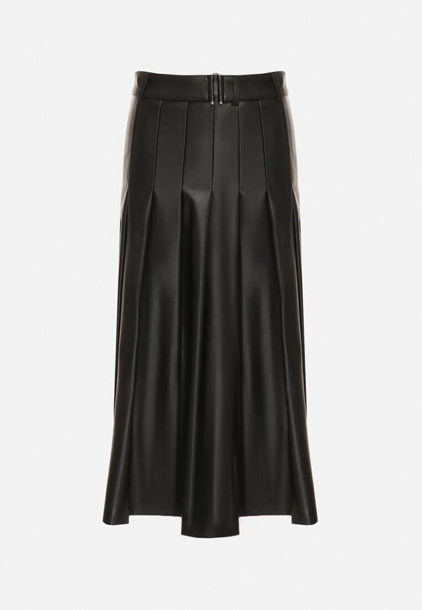 Born2be - Czarna Rozkloszowana Spódnica z Imitacji Skóry Zdobiona Plisami Tusbella. Okazja: na co dzień. Kolor: czarny. Materiał: skóra. Wzór: aplikacja. Styl: casual, elegancki