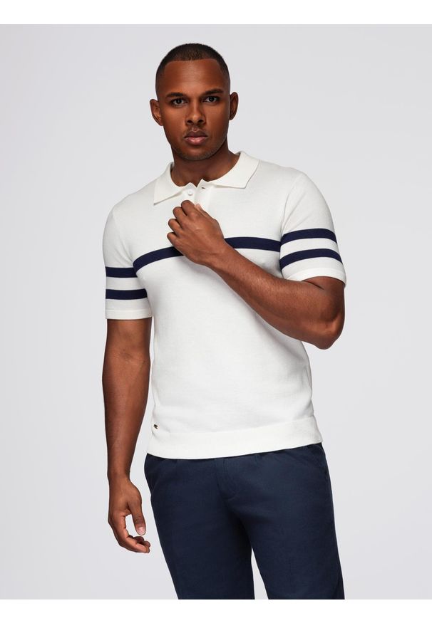 Ombre Clothing - Koszulka męska polo z miękkiej dzianiny z kontrastowymi pasami - biała V1. Okazja: na co dzień. Typ kołnierza: polo. Kolor: biały. Materiał: dzianina. Długość: krótkie. Wzór: paski. Styl: casual