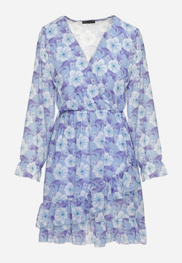 Born2be - Niebieska Sukienka w Kwiaty z Trójkątnym Dekoltem Marnlla. Kolor: niebieski. Wzór: kwiaty. Styl: klasyczny