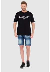 Balmain - BALMAIN Czarny męski t-shirt z wypukłym gumowym logo, Rozmiar S. Kolor: czarny. Materiał: guma #4
