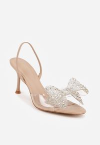Born2be - Ciemnobeżowe Eleganckie Sandały Transparentne VICES na Szpilce z Kokardą z Cyrkoniami Pirera. Okazja: na komunię, na wesele, na studniówkę, na ślub cywilny. Zapięcie: pasek. Kolor: beżowy. Obcas: na szpilce. Styl: elegancki #7