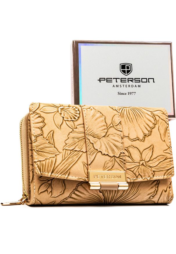 Elegancki portfel damski ze skóry ekologicznej w beżowym kolorze ze wzorem w kwiaty - Peterson. Kolor: beżowy. Materiał: skóra ekologiczna. Wzór: kwiaty