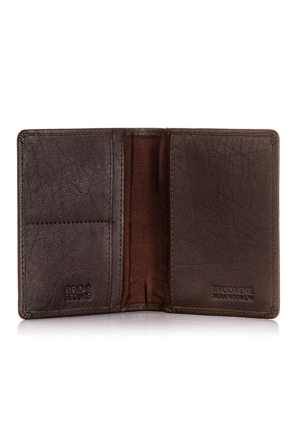 BRODRENE - Skórzany cienki portfel męski z ochroną RFID Brodrene 5575 c.brązowy. Kolor: brązowy. Materiał: skóra. Wzór: gładki