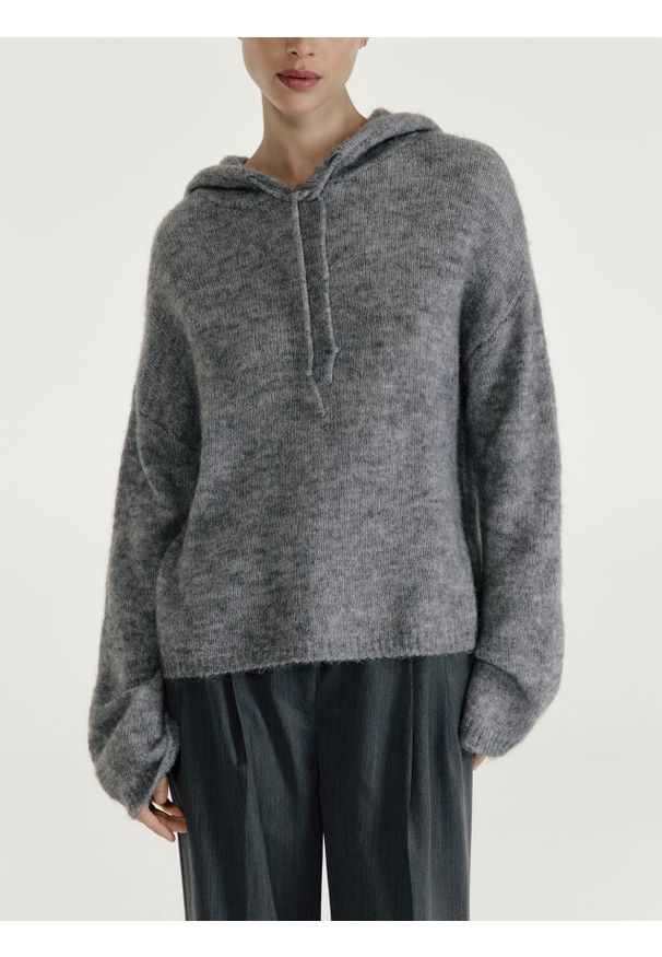 Reserved - Sweter z kapturem z wełną - szary. Typ kołnierza: kaptur. Kolor: szary. Materiał: wełna