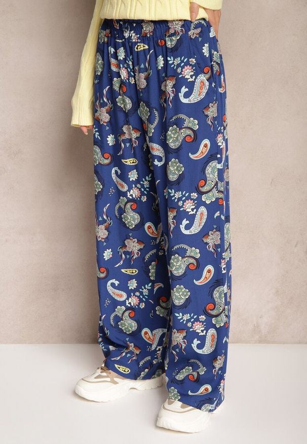 Renee - Niebieskie Bawełniane Spodnie Boho w Stylu Palazzo z Gumką w Pasie i Wysokim Stanem Pravia. Okazja: na co dzień. Stan: podwyższony. Kolor: niebieski. Materiał: bawełna. Styl: boho