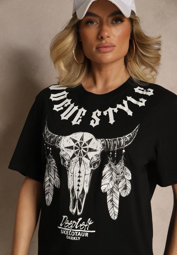 Renee - Czarna Koszulka T-shirt Bawełniany z Ozdobnym Nadrukiem Napene. Okazja: na co dzień. Kolor: czarny. Materiał: bawełna. Wzór: nadruk. Styl: casual