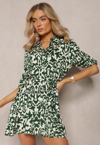 Renee - Beżowo-Zielona Wiskozowa Sukienka Koszulowa Ozdobiona Ornamentalnym Wzorem Lirenna. Kolor: beżowy. Materiał: wiskoza. Wzór: aplikacja. Typ sukienki: koszulowe #5