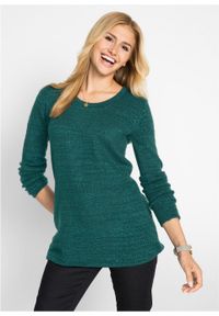 Sweter z lureksową nitką, długi rękaw bonprix głęboki zielony melanż. Kolor: zielony. Materiał: elastan, poliester, akryl, włókno, materiał, poliamid. Długość rękawa: długi rękaw. Długość: długie. Wzór: melanż #4