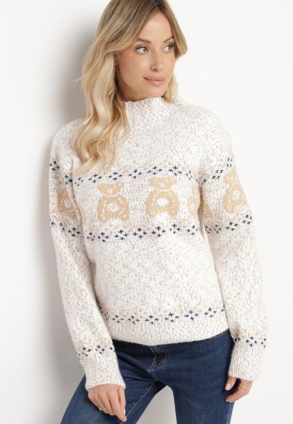 Born2be - Jasnobeżowy Sweter z Wełną w Misiowy Wzór ze Ściągaczami Dorizelle. Okazja: na co dzień. Kolor: beżowy. Materiał: wełna. Styl: klasyczny, casual
