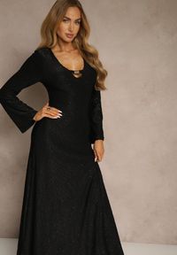 Renee - Czarna Rozkloszowana Sukienka Longsleeve w Zebrę Zdobiona Brokatem Mevilisa. Kolor: czarny. Długość rękawa: długi rękaw. Wzór: motyw zwierzęcy, aplikacja. Styl: klasyczny