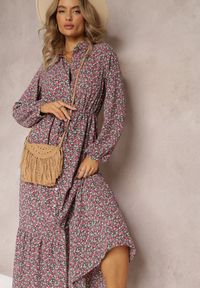 Renee - Czarno-Czerwona Sukienka Phinene. Kolor: czarny. Materiał: zamsz. Długość rękawa: długi rękaw. Wzór: aplikacja, kwiaty, nadruk. Typ sukienki: koszulowe. Styl: boho. Długość: maxi