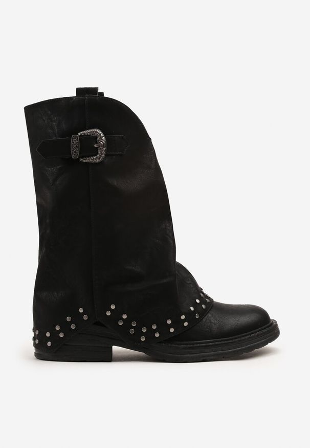 Renee - Czarne Botki z Cholewką Imitującą Nogawkę z Nitami i Paskiem ze Sprzączką Riluvena. Okazja: na co dzień. Zapięcie: pasek. Kolor: czarny. Materiał: jeans, skóra. Szerokość cholewki: normalna. Wzór: aplikacja. Styl: elegancki, casual