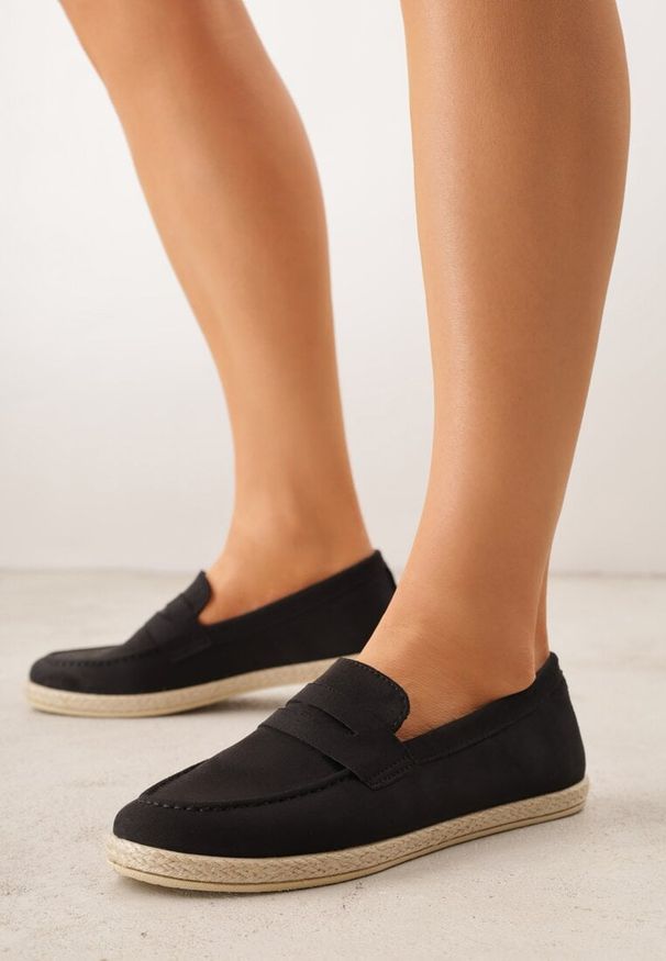 Renee - Czarne Mokasyny z Plecionką w Stylu Boho Galenatea. Okazja: na co dzień, do pracy. Kolor: czarny. Materiał: jeans. Wzór: aplikacja. Sezon: lato. Styl: boho