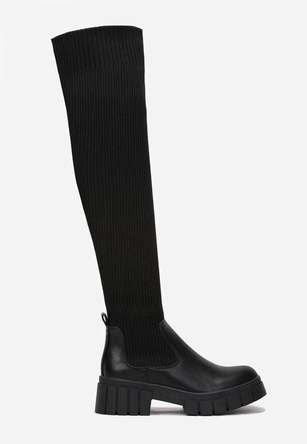 Renee - Czarne Kozaki z Elastyczną Cholewką Brygoros. Wysokość cholewki: przed kolano. Kolor: czarny. Materiał: materiał, prążkowany. Szerokość cholewki: normalna. Wzór: aplikacja