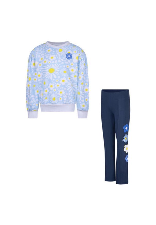 Dziewczęca bluza i legginsy z nadrukiem Converse. Okazja: na uczelnię. Kolor: niebieski. Materiał: dresówka. Wzór: nadruk. Styl: młodzieżowy