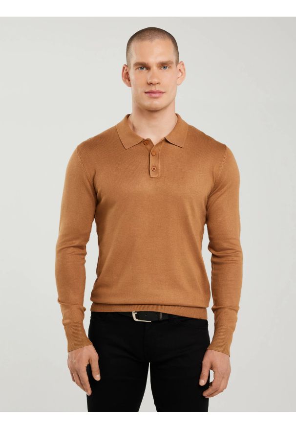Big-Star - Sweter męski z kołnierzykiem polo brązowy Bradson 802. Okazja: na co dzień. Typ kołnierza: polo. Kolor: brązowy. Materiał: wiskoza. Długość rękawa: długi rękaw. Długość: długie. Styl: sportowy, elegancki, casual