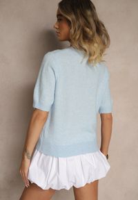 Renee - Niebieski Sweter z Wełną Krótkim Rękawem Ozdobiony Ściągaczami Emiralin. Okazja: na co dzień. Kolor: niebieski. Materiał: wełna. Długość rękawa: krótki rękaw. Długość: krótkie. Wzór: aplikacja. Styl: casual #4