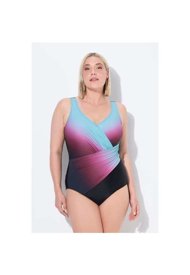 ULLA POPKEN - Damski Strój kąpielowy cieniowanie miękkie miseczki drapowanie. Kolekcja: plus size. Kolor: czarny. Materiał: poliamid, materiał, elastan