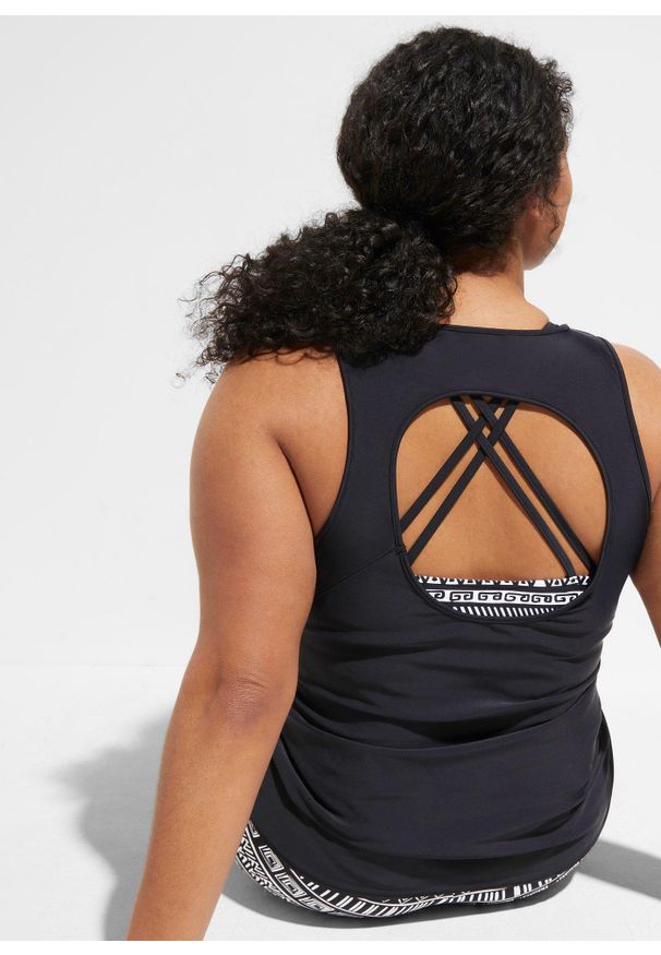 bonprix - Tankini z górą typu bustier (komplet 3 cz.). Kolor: czarny. Długość rękawa: na ramiączkach. Wzór: nadruk