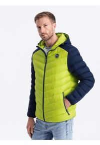 Ombre Clothing - Nylonowa dwukolorowa pikowana kurtka męska w stylu sportowym – limonkowa V4 - Rozmiar: L. Materiał: nylon. Wzór: aplikacja. Styl: sportowy #1