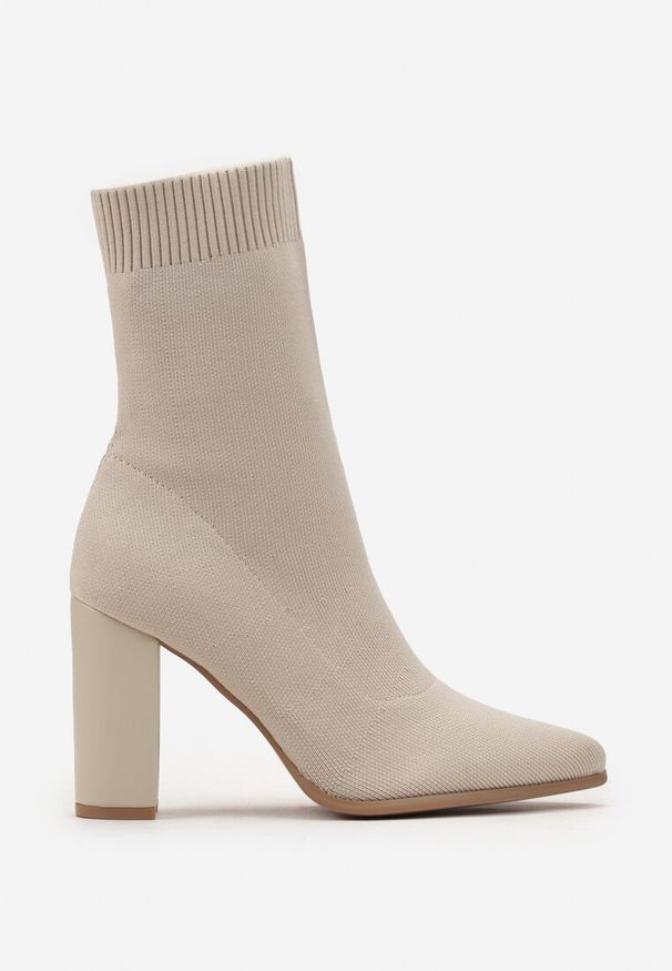 Renee - Beżowe Dopasowane Botki na Słupku ze Skarpetkową Cholewką Elarana. Okazja: na co dzień. Kolor: beżowy. Szerokość cholewki: normalna. Obcas: na słupku. Styl: casual, elegancki