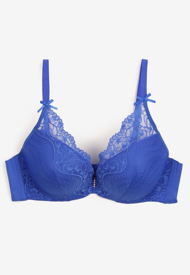 Renee - Granatowy Biustonosz Full Cup z Koronką i Uroczymi Kokardkami Geminna. Kolor: niebieski. Materiał: koronka. Wzór: koronka