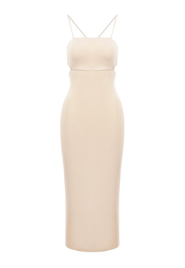 Born2be - Jasnobeżowa Sukienka Matthias. Kolor: beżowy. Materiał: dzianina. Długość rękawa: na ramiączkach. Wzór: gładki. Typ sukienki: kopertowe. Styl: wizytowy, klasyczny, elegancki. Długość: midi