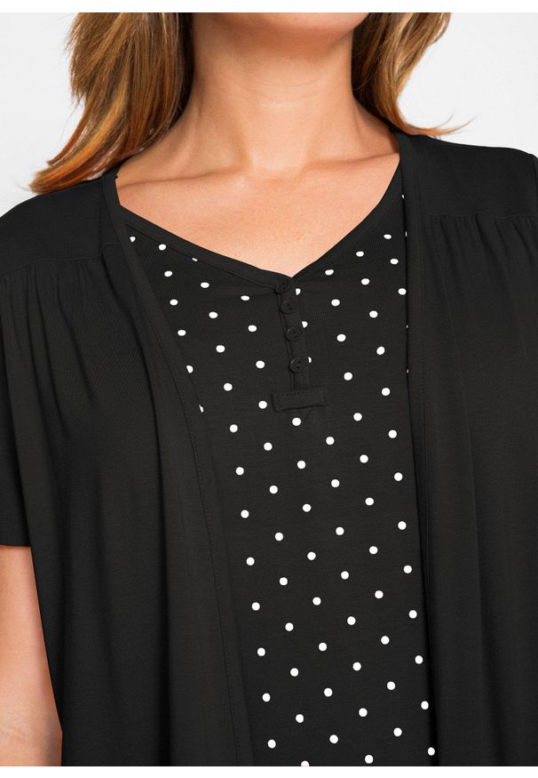 bonprix - Shirt 2 w 1 z dekoltem w serek, krótki rękaw. Typ kołnierza: dekolt w serek. Kolor: czarny. Długość rękawa: krótki rękaw. Długość: krótkie