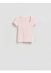 Reserved - Bawełniany t-shirt - pastelowy róż. Kolor: różowy. Materiał: bawełna