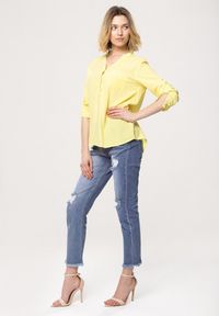 Born2be - Żółta Bluzka Fiber. Typ kołnierza: kołnierzyk stójkowy. Kolor: żółty. Materiał: jeans. Długość rękawa: długi rękaw. Długość: długie. Wzór: aplikacja, gładki #4