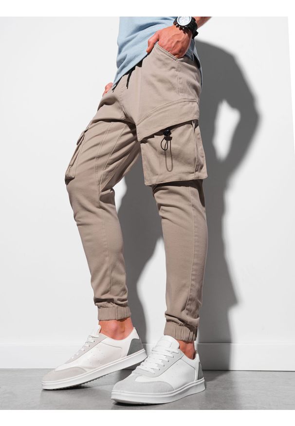 Ombre Clothing - Spodnie męskie joggery - beżowe V19 P1026 - XXL. Kolor: beżowy. Materiał: bawełna, elastan
