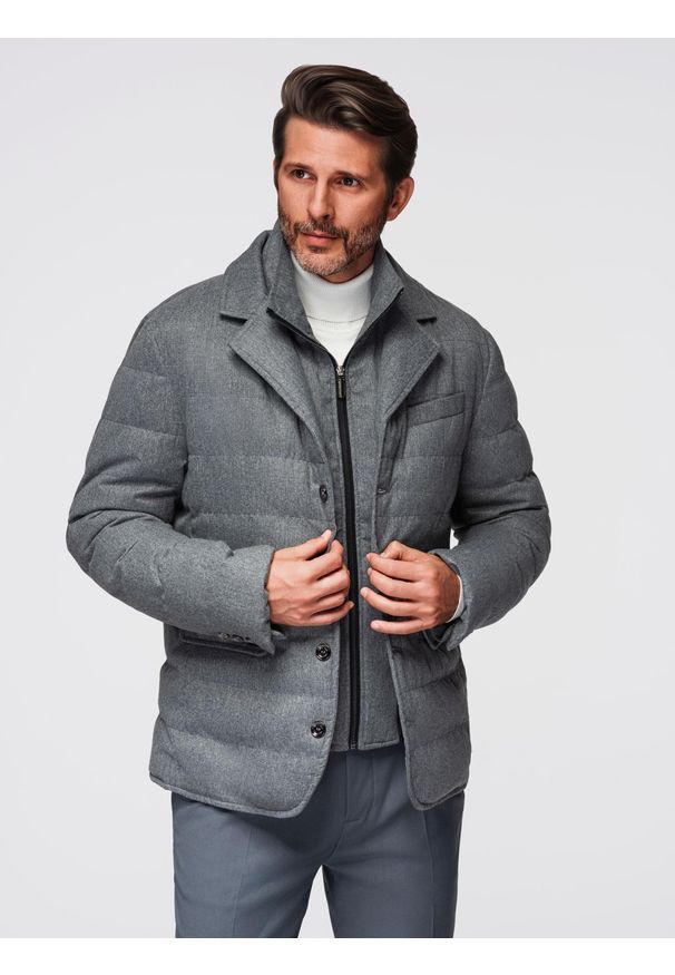 Ombre Clothing - Kurtka męska o kroju marynarki z podpinką – szara V1 - Rozmiar: XL. Kolor: czarny. Materiał: syntetyk, materiał. Wzór: melanż. Styl: elegancki
