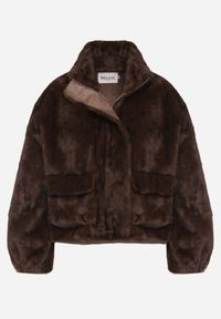 Born2be - Brązowa Futrzana Kurtka Ozdobiona Kieszeniami Vetilina. Okazja: na co dzień. Kolor: brązowy. Materiał: futro. Wzór: aplikacja. Styl: casual, elegancki #5
